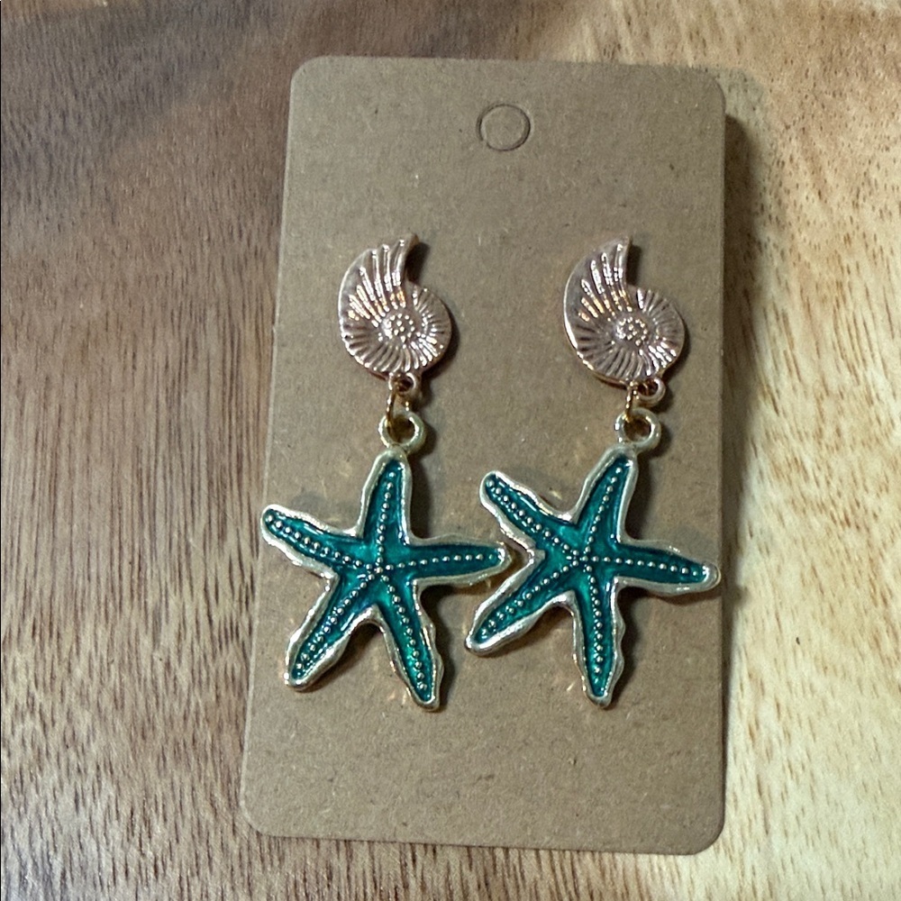 Gold Shell & Teal Starfish Drop Earrings